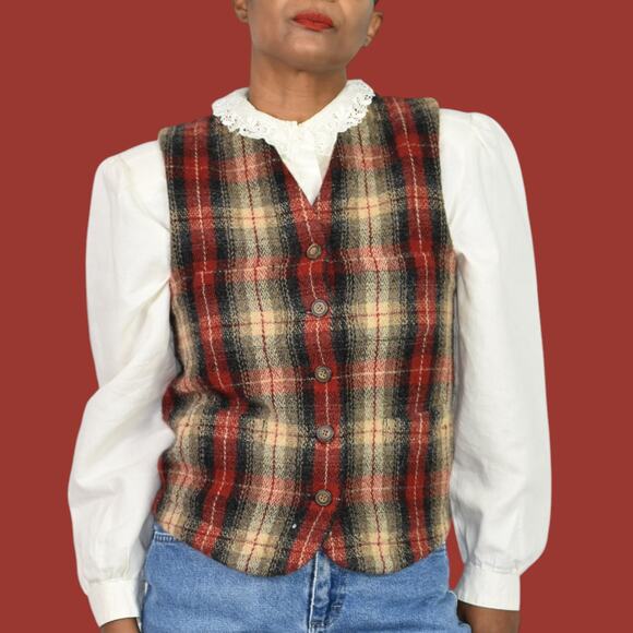 Vintage Eddie Bauer Plaid Wool Vest Red Tartan Check Equestrian Waistcoat Small - Picture 13 of 15